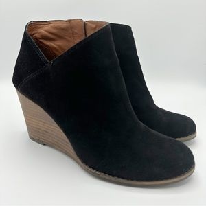 Lucky Brand Black Yakeena Suede Leather Zip Wedge Ankle Bootie Womens size 9 1/2